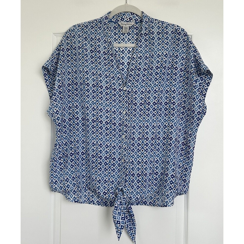 Tommy Bahama 100% Silk Blue Tie Front Blouse Womens Size M Geometric Relaxed
